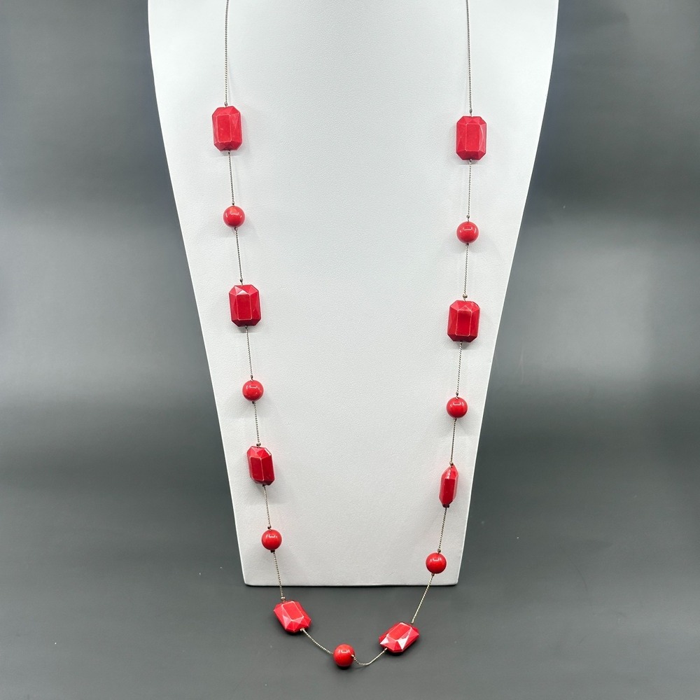 Red Faceted Bead Long Necklace Vintage Geometric Statement Retro Glam Bold Gift